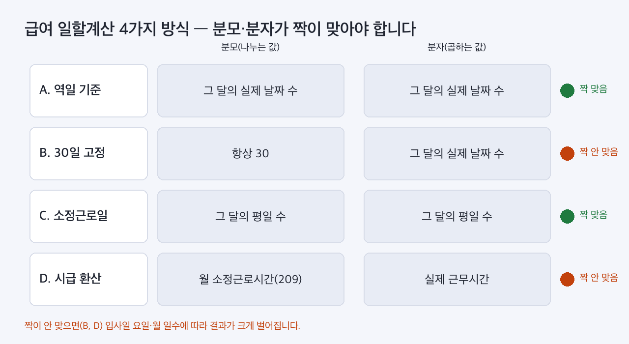 급여 일할계산 4가지 방식의 분모·분자 짝맞춤 비교표